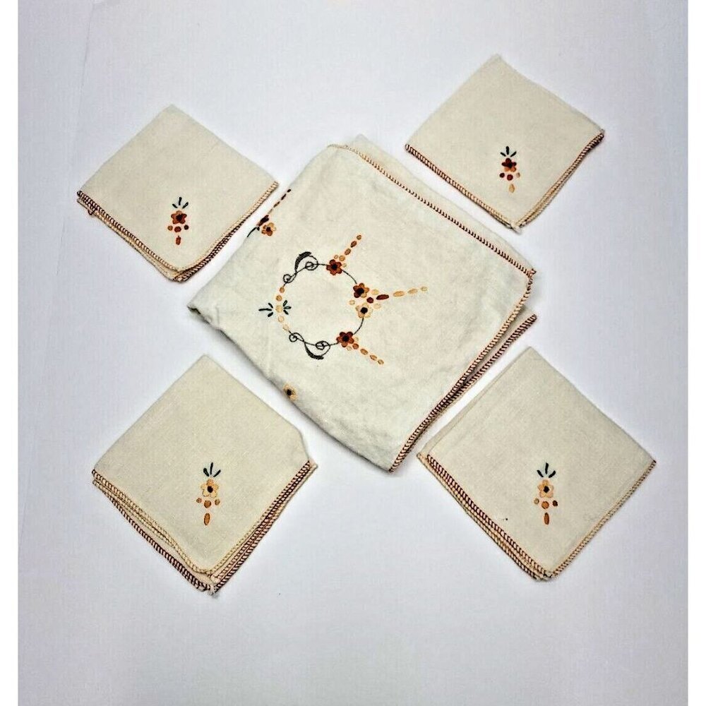 Vintage Hand Made Embroidered Linen Tablecloth and 4 Napkins Orange Floral